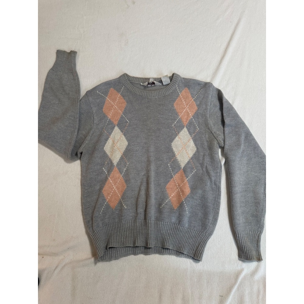 Vintage Licorice Gray Argyle Crewneck Sweater Women Large Ramie Blend Preppy